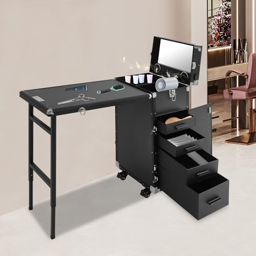 EurHomePlus Valise de Maquillage et Coiffure Professionnelle - Mallette Pliable et Roulante avec Table, 4 Tiroirs Verrouillables et Miroir (Noir)