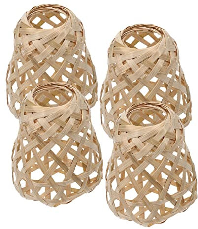 Mikikit 4pcs Rustic Woven Bamboo Pendant Light Lampshades Oval Mini Lampshade Covers for Living Room Bedroom Decorative Hanging Lamp Shades