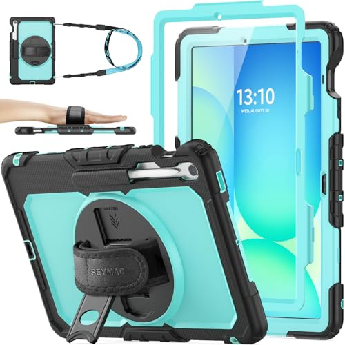 SEYMAC stock Hülle für Samsung Galaxy Tab S10 FE+ Plus 13,1 Zoll, Stoßfeste Hülle mit Displayschutz, 360° Drehbarer Ständer/Handschlaufe, Stifthalter & Schultergurt, Hellblau