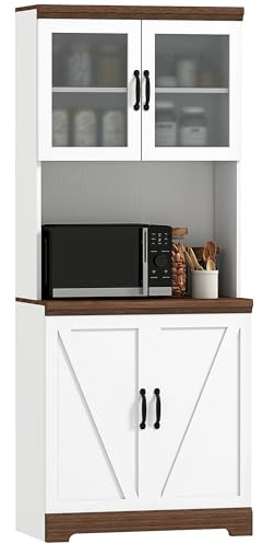 HOMCOM Alacena de Cocina Mueble Auxiliar de Cocina Aparador Alto con 2 Puertas de Vidrio Estantes Ajustables y Compartimentos Abiertos 72x40x178 cm Blanco