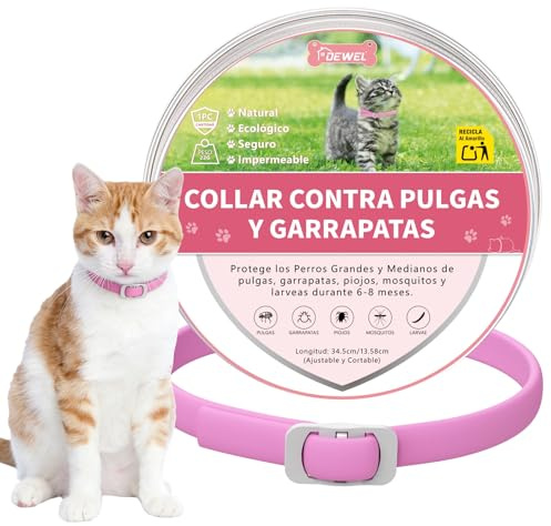 DEWEL Collar Antiparasitarios para Perros Pequeños y Gatos 34.5 cm, Protege Gatos de Pulgas, Garrapatas, Mosquitos, Piojos de 8 Meses, Cuello contra Pulgas y Garrapatas Ajustable Rosa