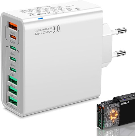 Cordialk 8 in 1 Waterproof Ports USB Fast Charger, 4USB+4PD Multi-Port Charging Station. High-Speed Hub Power Block with Outlet Plug, Automatic Power Off When Overioad (White)