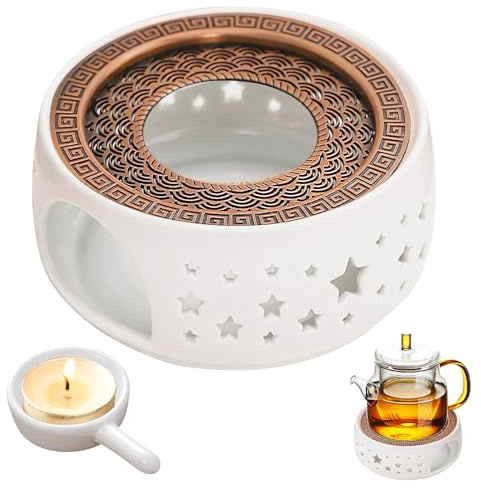 Porfoyo värmeljus för tekanna, värmare keramik med värmeljushållare, kaffevärmare, tekanna värmare, vit tevärmare, ihålig snidad design, tekanna värmare för värmebevarande te kaffe