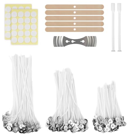 Kit para Hacer Velas,300 Piezas de Mechas de Velas, Mecha de Vela de algodón Trenzada,mechas para Velas,Mechas Cerosas con Soporte de Madera Bases de Metal y Pegatinas, (Mechas 10/15/20cm)