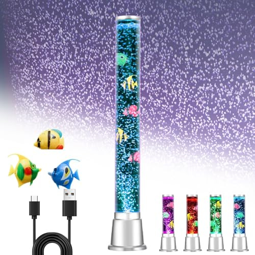 Lampada a bolle di pesce definitiva: LED a 7 colori alimentato tramite USB, movimento realistico delle bolle e pesci galleggianti, regalo di rilassamento sensoriale for bambini e adulti(74cm/29.13in)