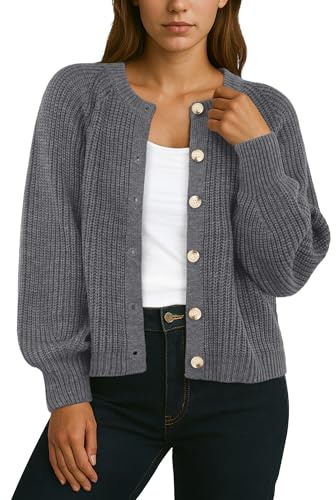 GRECERELLE Cardigan Femme Manches Longues Cardigans Épais Élégant Cardigan Décontracté Devant Ouvert Pull Col Rond Pull Oversize Manteau Tricoté Décontracté Pull avec Boutons, Automne, Hiver, gris, M