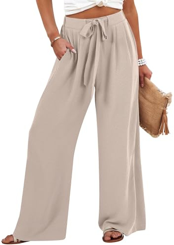 Caracilia Wide Leg Palazzo Pants for Women Summer High Waist Flowy Loose Casual Lounge Trousers Beach Travel Vacation Clothes Parchment Medium
