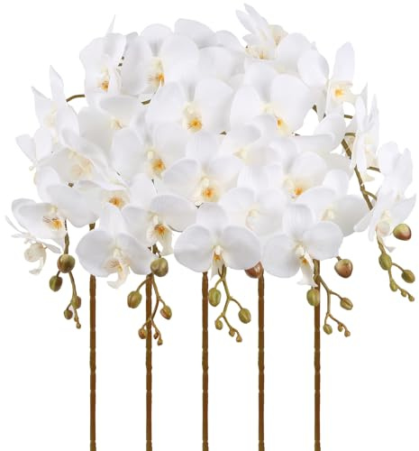 UUXX White Orchids Artificial Flowers 5PCS Fake Orchid 35.4 Long Stem Faux White Flowers Silk Orchids That Look Real for Bridal Shower Home Party Wedding Decoration