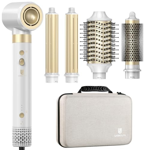 webeauty Doble Voltaje Moldeador Pelo 6 en 1 Cepillo Secador de Pelo Blanco | 110,000RPM/Min,1400W Secador con Cepillo de Aire,Plancha de Aire, Difusor,Rizadores de Aire,500 Millones de Iones Negativos