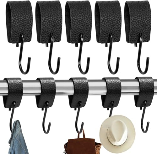 Simsky 10 Stück Kleiderhaken S-Haken mit Lederschlaufe, Garderobenhaken aus Edelstahl in Schwarz (12.5 x 3 cm) Für Garderobe, Flur, Küche, Badezimmer und Camping