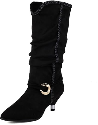 Klarmar Donna Suede Tacco Gattino Stivali Festa Slouch Mid Boot Largo Calf Tacco Basso Festa Stivaletti Suede Appuntito Senza Chiusura Nero Numero 43 EU/45