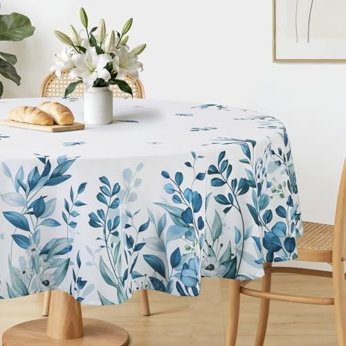 hometrixx Tovaglia Rotonda Estate Foglie Fiori Blu Tovaglie Antimacchia Poliestere Copritavolo per 4-6 Posti 152 cm Cucina Sala da Pranzo Giardino Esterno Compleanno