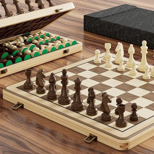 Magnetisches Schachspiel 15 Zoll (38 cm) – Klappbares Schachbrett aus Kiefernholz mit kaffeebraunen doppelseitigen Aufbewahrungseinlagen, 2 Ersatz-Damen & Staubschutzbeutel (Natural)
