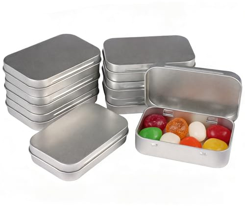 8 stycken plåtburkar med lock, 9,5 × 6 × 2 cm silver liten metallburk