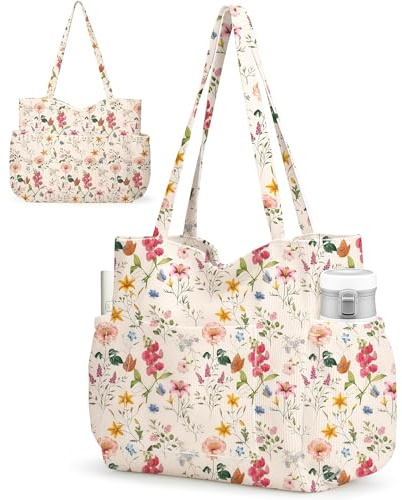Vesavifaka Große Cord Tote Bag Tasche für Damen – Niedliche ästhetische Schultertasche, Wiederverwendbare Canvas Tasche mit Reißverschluss Mehreren Taschen für Arbeit Schule Gym Reisen