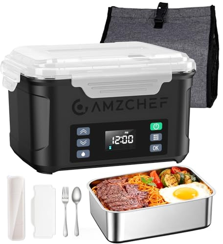 AMZCHEF Cordless Electric Lunch Box 1.5L, 60W Self Heating Food Warmer with 360° 5-Sided Heating, Smart Temp Control, Fast Charging Portable Bento Box for Car, Truck & Work Site, Black