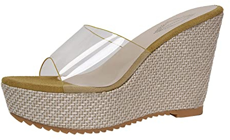 Kilsandaler damer platå, sandaler damer med klack, eleganta klackskor, ventilerande kvällsskor, transparenta remmar, halmsandaler, lätta sandaletter, bekväma fritidssandaler, platta sandaletter, GUL