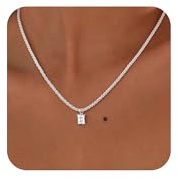 Silver Necklaces for Women Trendy 14K Silver Plated Cubic Zirconia Sparkling Necklace Square Diamond Pendant CZ Charm Shiny Rope Choker Sparkling Necklaces Fashion Jewellery Gifts for Women/Wife/Her