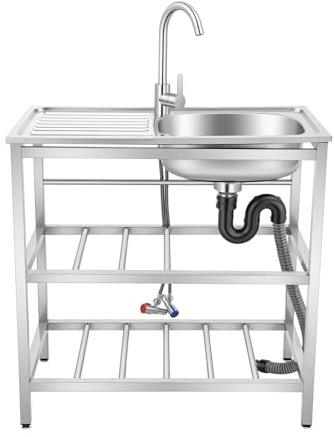 Semokia Freestanding Stainless Steel Kitchen Sink Small Outdoor Utility Sink Portable Garden Single Bowl with Faucet for Garage Backyard