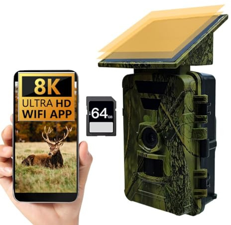 SkyFace Fototrappola Solare 60MP8K, Wifi Fototrappola Notturna con 120° Rilevamento Fotocamera Caccia con Impermeabile IP66 Scheda SD da 64GB per la Sorveglianza della Fauna Selvatica