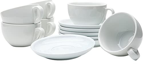 Gastro Spirit - 12-teiliges Milchkaffee-Tassen Set - Weiß, 350 ml, Porzellan, dickwandig, spülmaschinenfest, italienisches Design - 6er XL Cappuccino/Kaffee-Tassen Set mit Untertassen