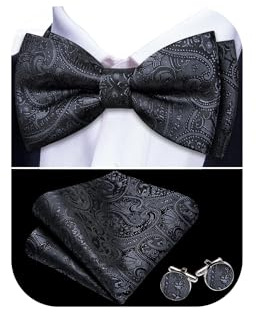 Barry.Wang Mens Black Bow Tie Paisley Silk Pre-Tied Bowtie Pocket Square Cufflinks Set Formal Wedding Prom Party Tuxedo