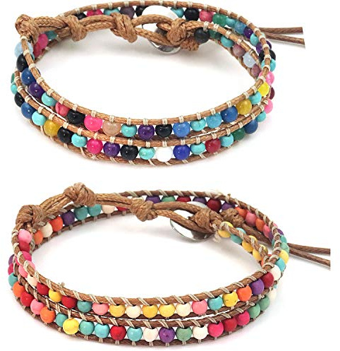 Suyi Handmade Bead Bracelet 2 Pieces Colorful Best Friend Stone Woven Rope Bracelet Set Adjustable Boho Friendship Jewerly for Women 2Pcs