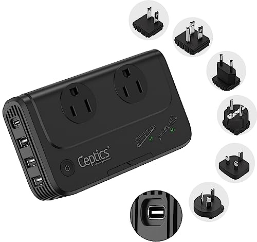 Ceptics - 6 in 1 Travel Adapter and Voltage Converter, 220V to 110V Converter with Surge Protection, Universal Adapter with Types A, C, G, I attachments & 4 USB PD 18W Fast Charging - Black