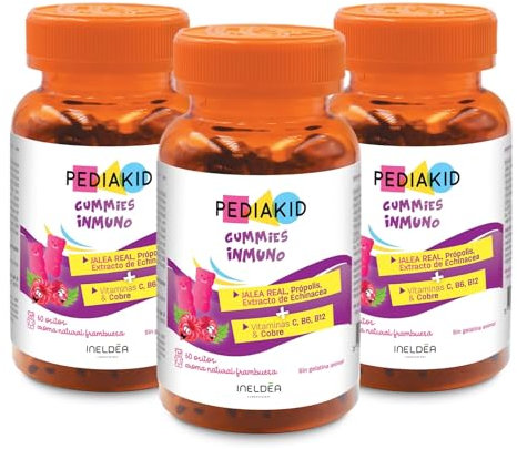 PEDIAKID – Gummies Inmuno - Fórmula Natural con Delicioso Aroma de Frambuesa - Contribuye al Funcionamiento Normal del Sistema Inmunitario - Refuerza las Defensas del Organismo – Lote de 3