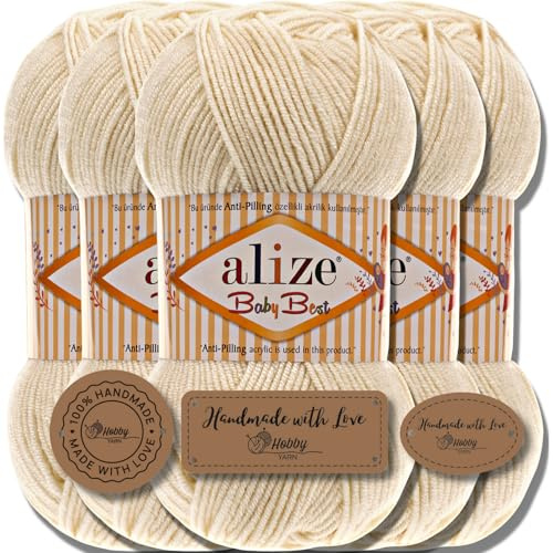 Hobby YARN 3x Etikettenlabel mit Alize Baby Best Wolle Premium 5x100g als Set | Antipilling Babywolle Acryl Uni & Batik Strickgarn zum Häkeln und Stricken (Cream | 1)