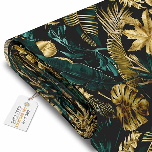 DreamRoots Markisenstoff Meterware, Monstera Gold Green | Oxford Segeltuch, wasserdicht, Polsterstoff, 220 g/m² 600D, 160 cm breit, wasserabweisend, für außen & Deko