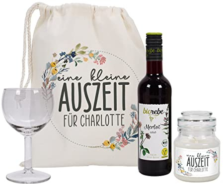 Herz & Heim® Geschenkset -Eine kleine Auszeit- bestehend aus 0.25l Biorebe Wein, Glas, Duftkerze und Geschenksack Merlot