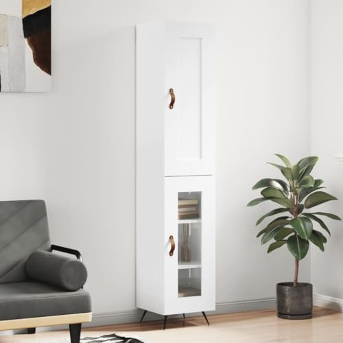Homgoday Sideboard 34.5 x 34 x 180 cm in Gloss White Plywood Bedside Table Bedroom Bedside Table Bedroom Bedside Table Sideboard for Bedroom Floor Cabinet K White Gloss 1 Glass Door