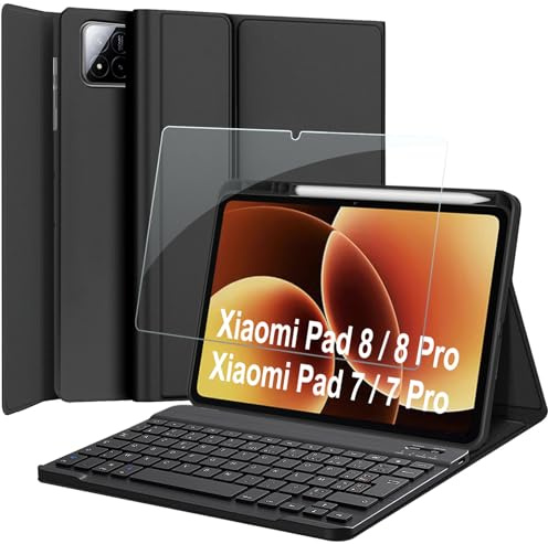 Nanhent Clavier Coque + Verre Trempé pour Xiaomi Pad 7/ Pad 8/ Pad 7 Pro/Pad 8 Pro 11.2 Pouces, AZERTY Français Amovible Bluetooth sans Fil Clavier Étui Housse avec Protection écran (Xiaomi Pad 7)