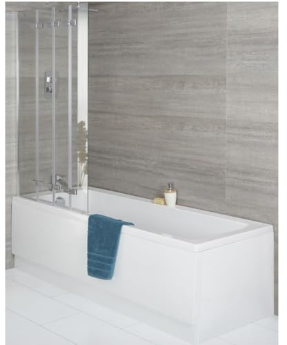 MILANO 1700 x 750mm Single Ended Bath Folding Screen Side Panel Waste Trap | Acrylic & Toughened Glass Construction. Generous Bathing Capacity. Aluminium Profile. Contemporary Style. Adjustable Feet.