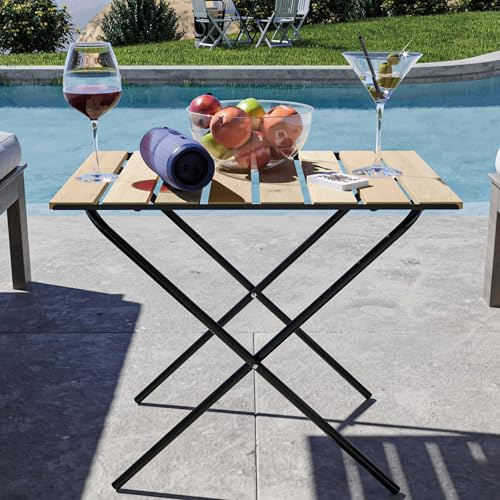 [en.casa] Mesa Plegable Camping Altura Ajustable Mesa de Jardín Exterior para Acampada Picnic Balcón Terraza Patio Jardín Estructura Metálica Tablero de Pino 60x40x57 cm - Natural y Negro