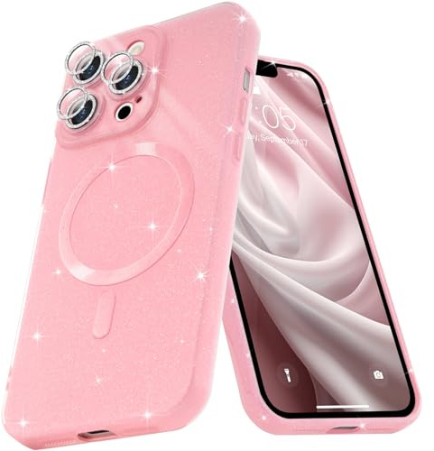 Micoden for iPhone 14 Pro Max Case Bling Compatible with Magsafe Pink | Magnetic Cute Glitter Sparkle Shiny Phone Case for Women Girl,Shockproof with Camera Protector-Pink