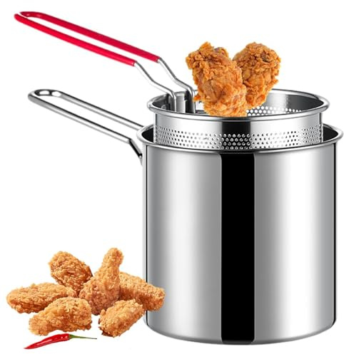 Sartén Freidora de Acero Inoxidable 304, Sartén Alimenticio con Cesta y Mango, Multifuncional para Cocina Al Aire Libre y Cervecería Casera | Sartén multifuncional de grado alimenticio con cesta y asa, perfecta para cocinar al aire libre y preparar cerveza en casa, F