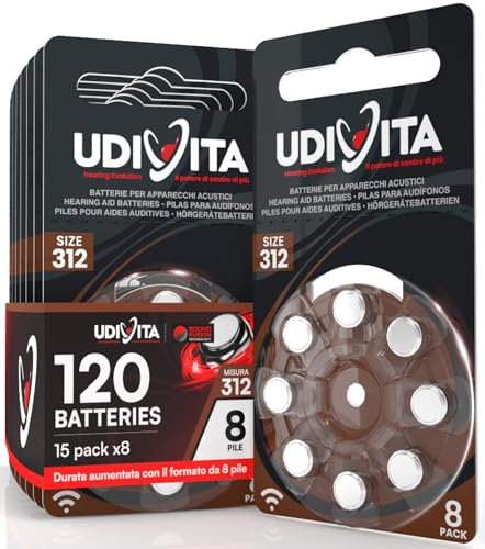 120 Batterie Per Apparecchi Acustici Auricolari Udivita Misura 312 PR41 (Marroni) - 15 Blister da 8 Pile