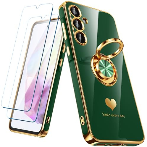 Nonional for Samsung Galaxy A35 5G Case with 2 Pack Screen Protector, 360° Rotatable Ring Holder [Luxury Hearts Pattern] Plating Gold Edge Slim Soft Phone Cover Case for Galaxy A35 - Green