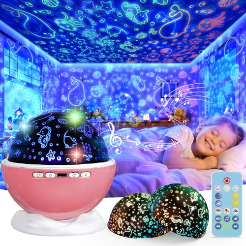 Night Light Projector for Kids Room with Remote and Timer, 360 Rotation, 3 Projection Films, 18 Light Modes, 8 Lullaby Songs, Kids Room Light Projector Lamp Rechargeable, Birthday Gifts for Boys Girls