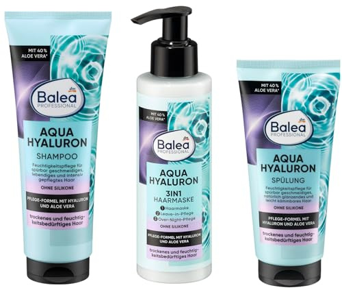 Professional Aqua Hyaluron Haarpflege-Set, Shampoo, Spülung und Haarmaske/Leave in mit Aloe Vera, Silikonfrei ideale Pflege nach Salz oder Chlorwasser Haarverlängerung Geeignet