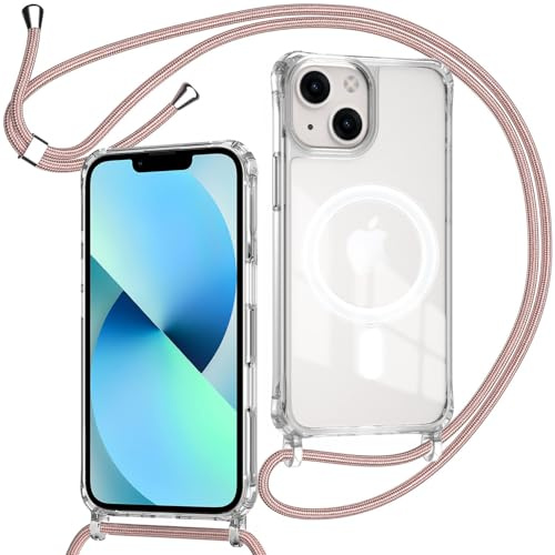 ZYIMOU für iPhone 13 / iPhone 14 Hülle mit Band Kompatibel mit MagSafe, Transparent Magnetische Handyhülle mit Kordel zum Umhängen Handyband Stossfest Schutzhülle，Kette Rosé Gold