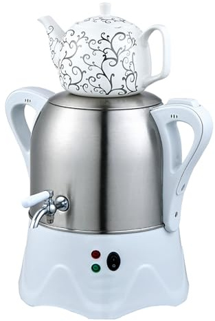 Elektrisk turkisk tebryggare, 2 000 W, 3 L rostfritt stål och 1 l keramisk tekanna, samovar med håll värmen för kaffe och doftande te