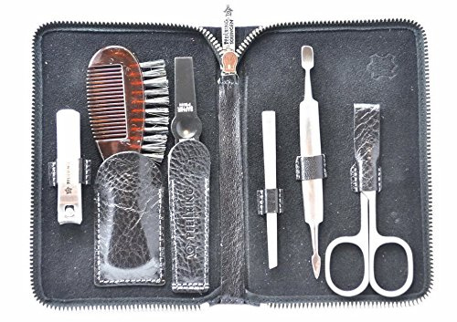Pfeilring Manicure-Etui Argentina aus Rindleder, 6-teilige Nickelfüllung (Nagelfeile, Pinzette, Doppelinstrument, Nagelknipser, Kombischere, Bartbürste), schwarz, 1er Pack (1 x 6 Stück)