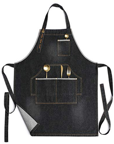 Jeanerlor Schürze aus 100 % Baumwolle mit Werkzeugtaschen für Damen und Herren, Denim-Arbeitsschürzen, personalisiert für Friseurstifte, Handwerker, Barista (2 Farben), schwarz, Adjustable:M to XXL