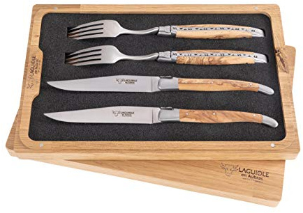 Laguiole en Aubrac 2er-Besteck Set Olivenholz mit matten Klingen, Original aus Frankreich, in schöner Aufbewahrungsbox aus Holz