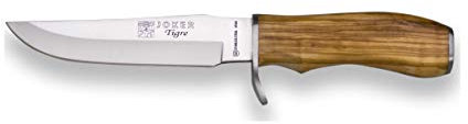 Joker Cuchillo de Caza Tigre CO33, con puño de Olivo y Hoja de 14 cm MOVA, Total 25,5 cm, con Funda de Cuero marrón, Herramienta de Pesca, Caza, Camping y Senderismo