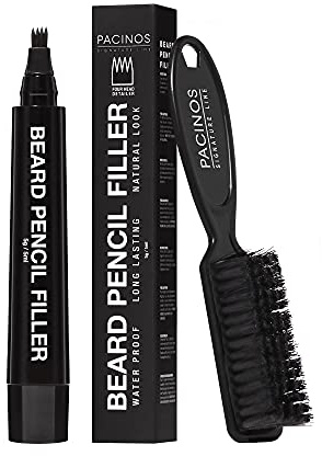 Pacinos Beard Pencil Filler - Water Proof, Long Lasting Coverage & Natural Finish - Beard, Moustache & Eyebrows - Micro-Fork Tip for Seamless Application - Includes Bristle Brush for Blending (Black)