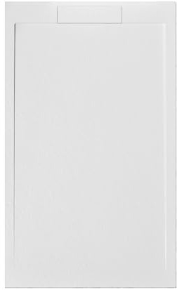 Plato de ducha de 140 x 90 cm, blanco, línea fina, de resina y polvo de mármol, con rejilla lateral de marmorresina – Frascio
